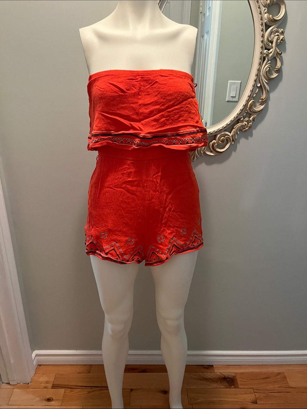 Lush Red Strapless Embroidered Romper Shorts
